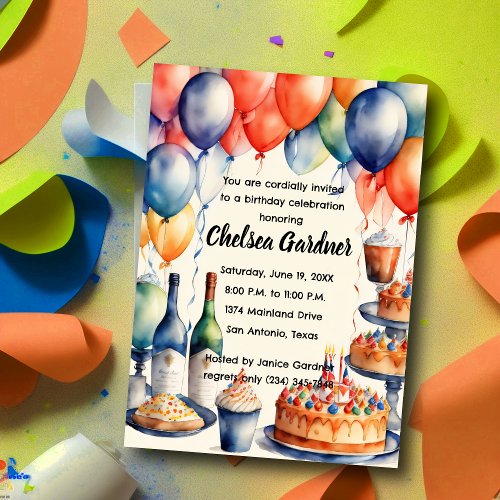 Watercolor Birthday Wine Cake Food Invitation