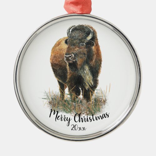 Watercolor Bison Buffalo Animal Nature Art Custom Metal Ornament