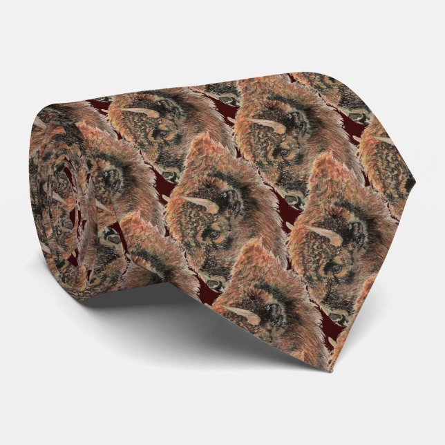 Watercolor Bison Buffalo Animal Nature Tie (Rolled)