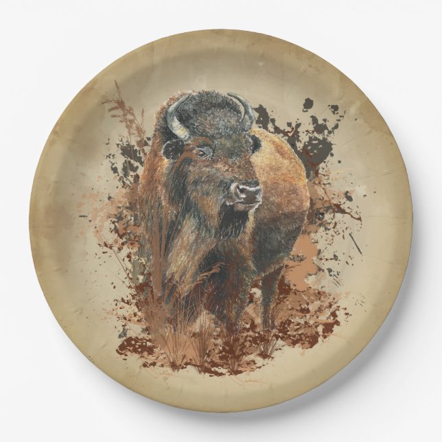 Watercolor Bison Buffalo Animal Wildlife Nature  Paper Plates (Front)