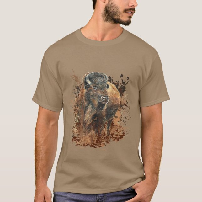 Watercolor Bison Buffalo Animal Wildlife Nature T-Shirt (Front)