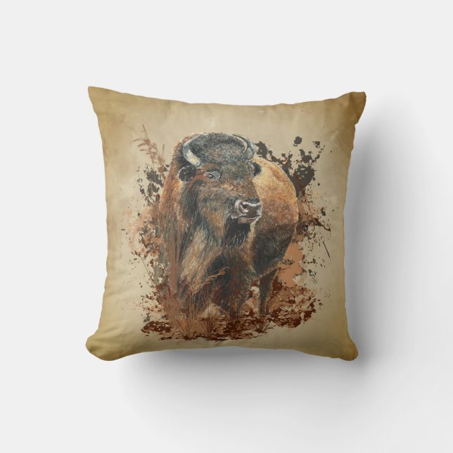 Watercolor Bison Buffalo Animal Wildlife Nature  Throw Pillow (Front)