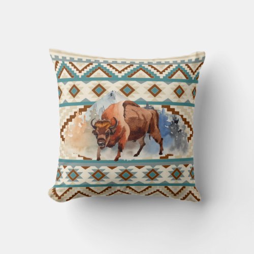 Watercolor Bison Buffalo Southwest Tribal Pattern Throw Pillow