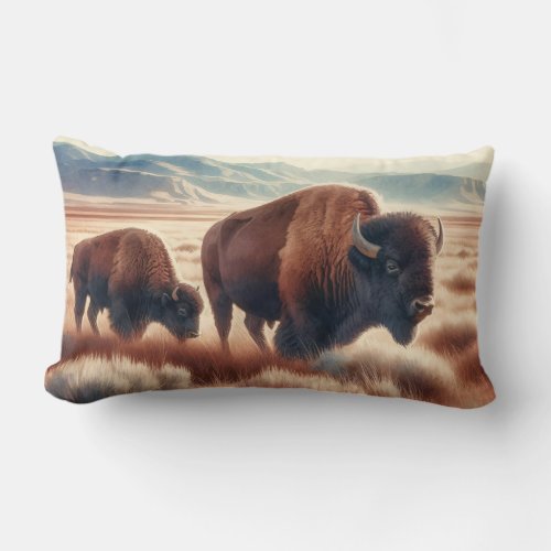 Watercolor Bison on the Plains Decoupage Lumbar Pillow