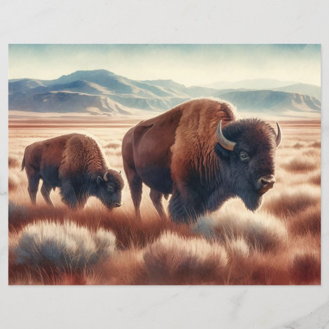 Watercolor Bison on the Plains Scrapbook Paper (Front)