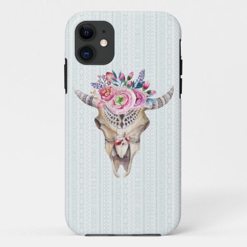 Watercolor Bison Skull With Flowers iPhone 11 Case