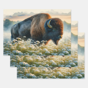 Watercolor Bison White Wildflowers Decoupage Wrapping Paper Sheets