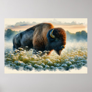 Watercolor Bison White Wildflowers Poster
