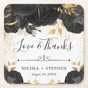 Watercolor Black and Gold Flowers Wedding Square Paper Coaster
