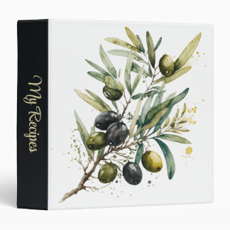 Watercolor black and green olives on a branch 3 ring binder