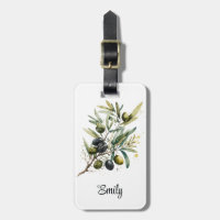 Watercolor black and green olives on a branch