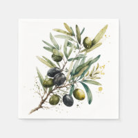 Watercolor black and green olives on a branch
