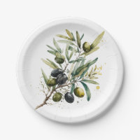 Watercolor black and green olives on a branch