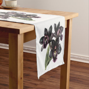 Watercolor black and purple orchids short table runner