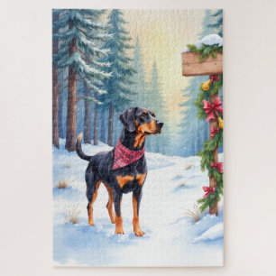 Watercolor Black and Tan Coonhound Forest Trail Jigsaw Puzzle