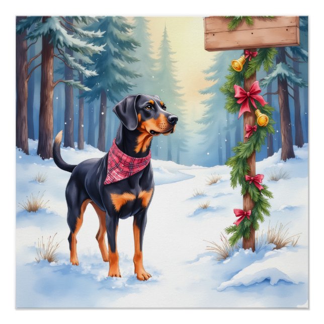 Watercolor Black and Tan Coonhound Forest Trail Poster (Front)