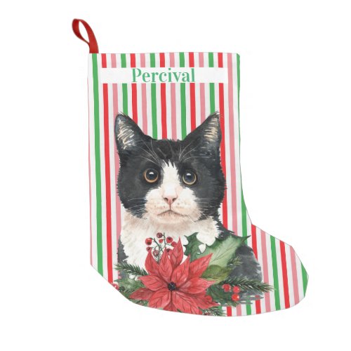 Watercolor Black and White Cat  Poinsettia   Small Christmas Stocking