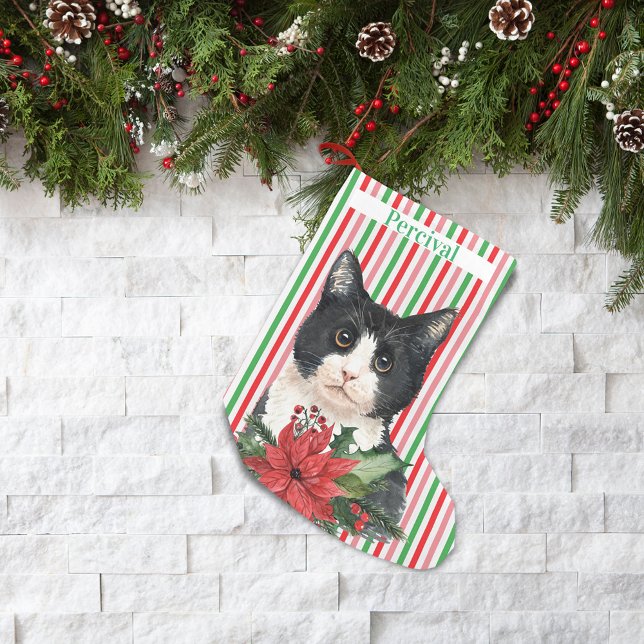 Watercolor Black and White Cat & Poinsettia   Small Christmas Stocking (Creator Uploaded)