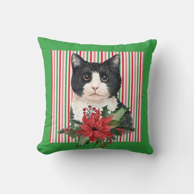 Watercolor Black and White Cat & Poinsettia   Throw Pillow (Front)
