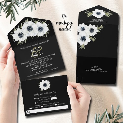 Watercolor Black and White Floral Wedding All In One Invitation