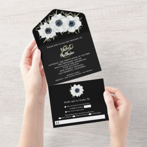 Watercolor Black and White Floral Wedding All In One Invitation