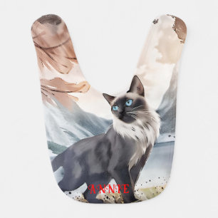 Watercolor Black and White Fluffy Cat Custom Name Baby Bib