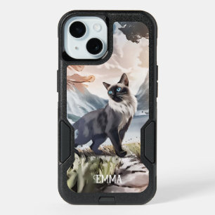 Watercolor Black and White Fluffy Cat Custom Name iPhone 15 Case