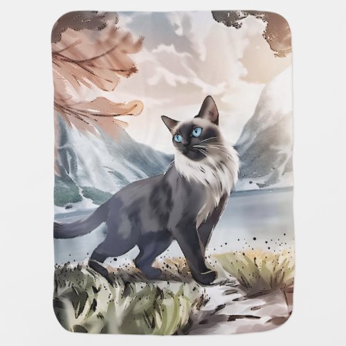 Watercolor Black and White Fluffy Cat in Nature Baby Blanket