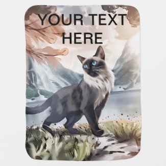 Watercolor Black and White Fluffy Cat in Nature Custom Name Baby Blanket