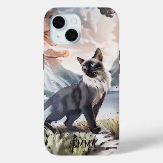 Watercolor Black and White Fluffy Cat in Nature Custom Name iPhone Case