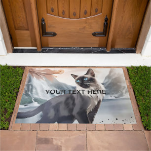 Watercolor Black and White Fluffy Cat in Nature Doormat