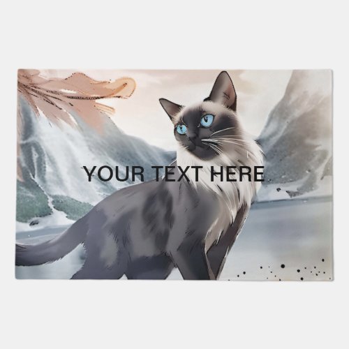 Watercolor Black and White Fluffy Cat in Nature Doormat