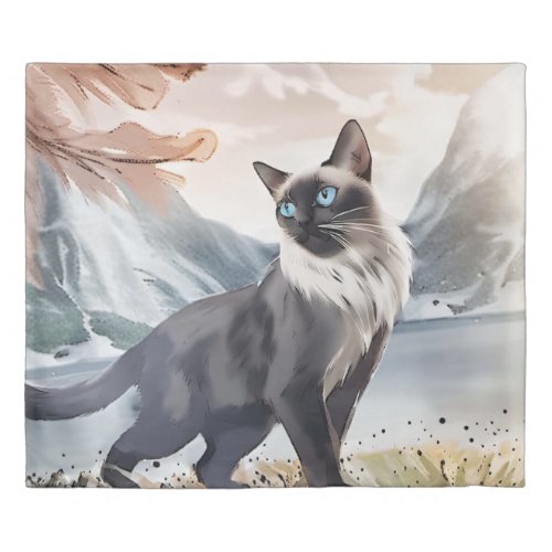 Watercolor Black and White Fluffy Cat in Nature Duvet Cover