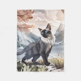 Watercolor Black and White Fluffy Cat in Nature