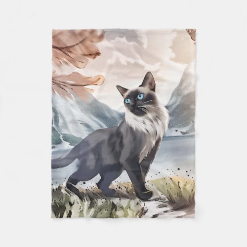 Watercolor Black and White Fluffy Cat in Nature Fleece Blanket