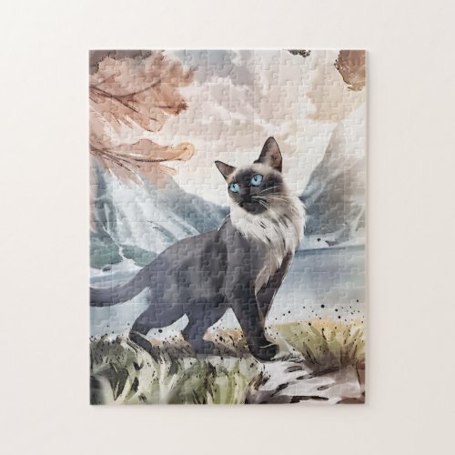 Watercolor Black and White Fluffy Cat in Nature Jigsaw Puzzle