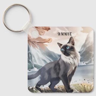 Watercolor Black and White Fluffy Cat in Nature Keychain