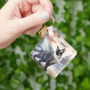 Watercolor Black and White Fluffy Cat in Nature Keychain