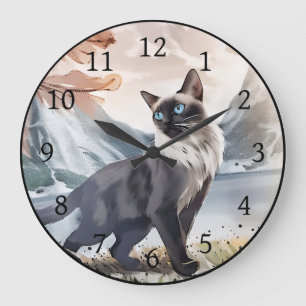 Watercolor Black and White Fluffy Cat in Nature Large Clock