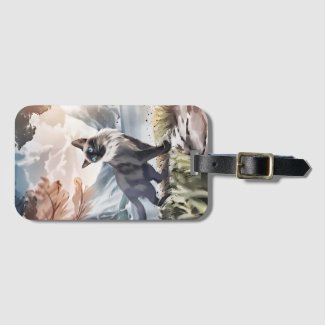 Watercolor Black and White Fluffy Cat in Nature Luggage Tag