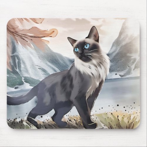 Watercolor Black and White Fluffy Cat in Nature Mouse Pad