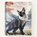 Watercolor Black and White Fluffy Cat in Nature Notebook