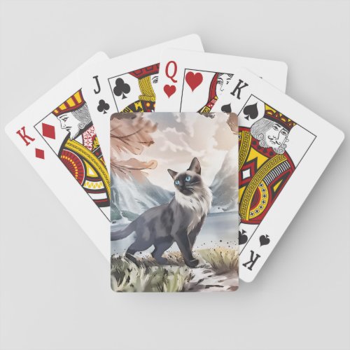 Watercolor Black and White Fluffy Cat in Nature Playing Cards