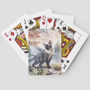Watercolor Black and White Fluffy Cat in Nature Poker Cards