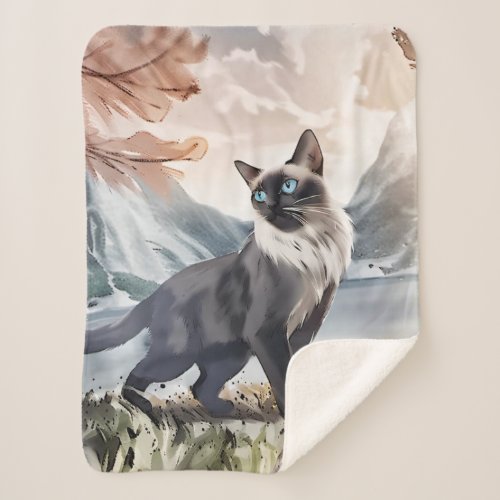 Watercolor Black and White Fluffy Cat in Nature Sherpa Blanket