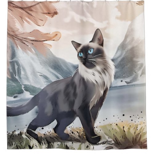 Watercolor Black and White Fluffy Cat in Nature Shower Curtain