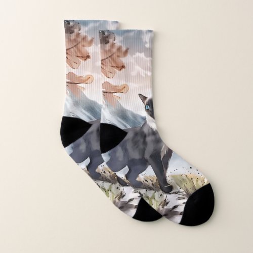 Watercolor Black and White Fluffy Cat in Nature Socks