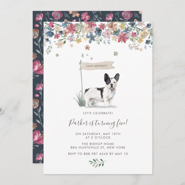 Watercolor Black and White French Bulldog Birthday Invitation (Front/Back)