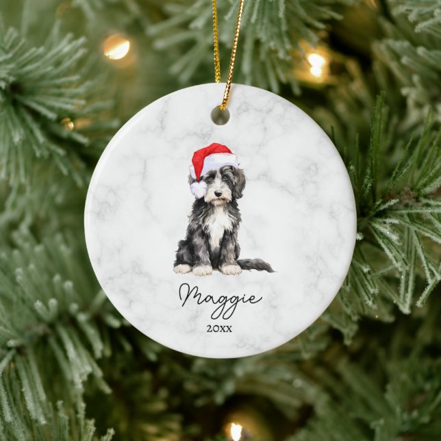 Watercolor Black and White Phantom Goldendoodle Ceramic Ornament (Tree)