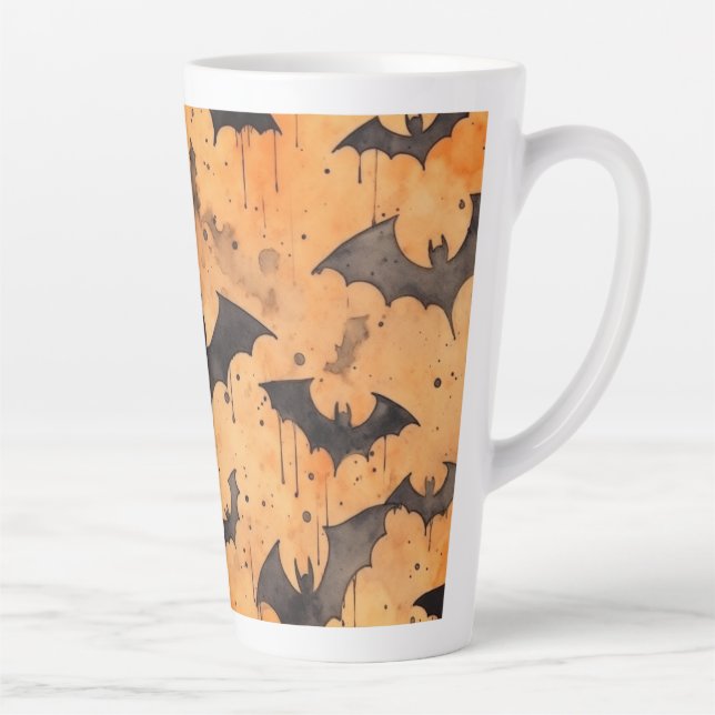 Watercolor Black Bats on Orange Latte Mug (Right)
